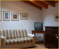 un particolare della sala con televisore e travi a vista